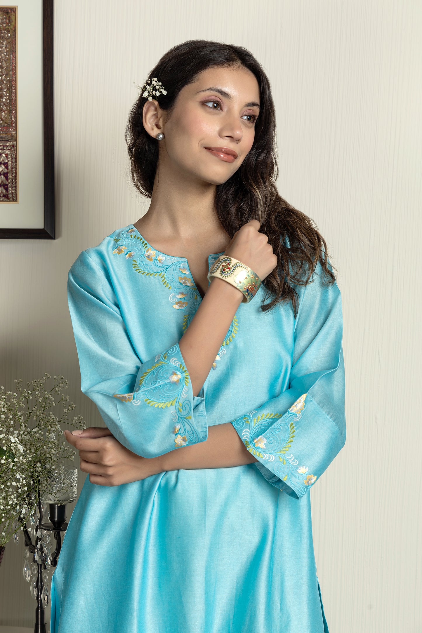 Turquoise Chanderi embroidered kurta paired with cotton pants and Chanderi dupatta