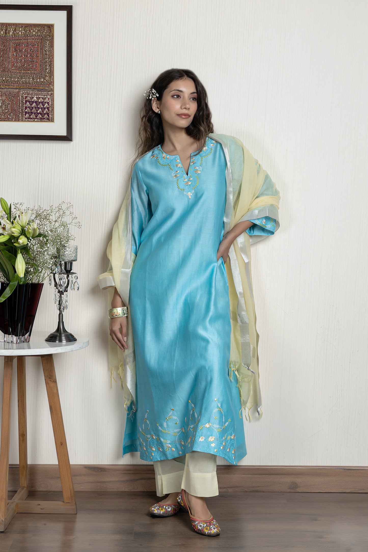Turquoise Chanderi embroidered kurta paired with cotton pants and Chanderi dupatta