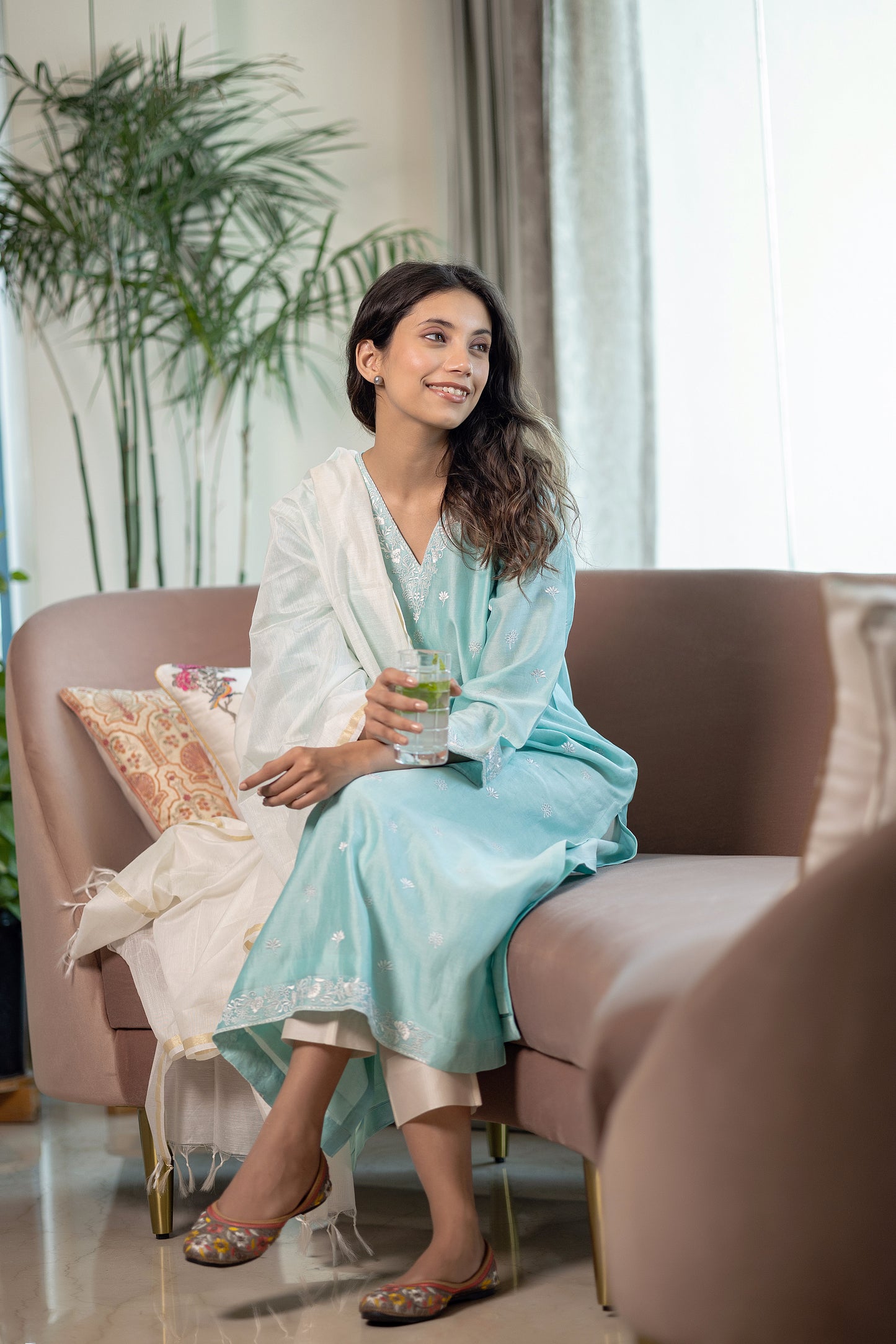 Sea Green embroidered Chanderi kurta paired with chanderi pants and dupatta