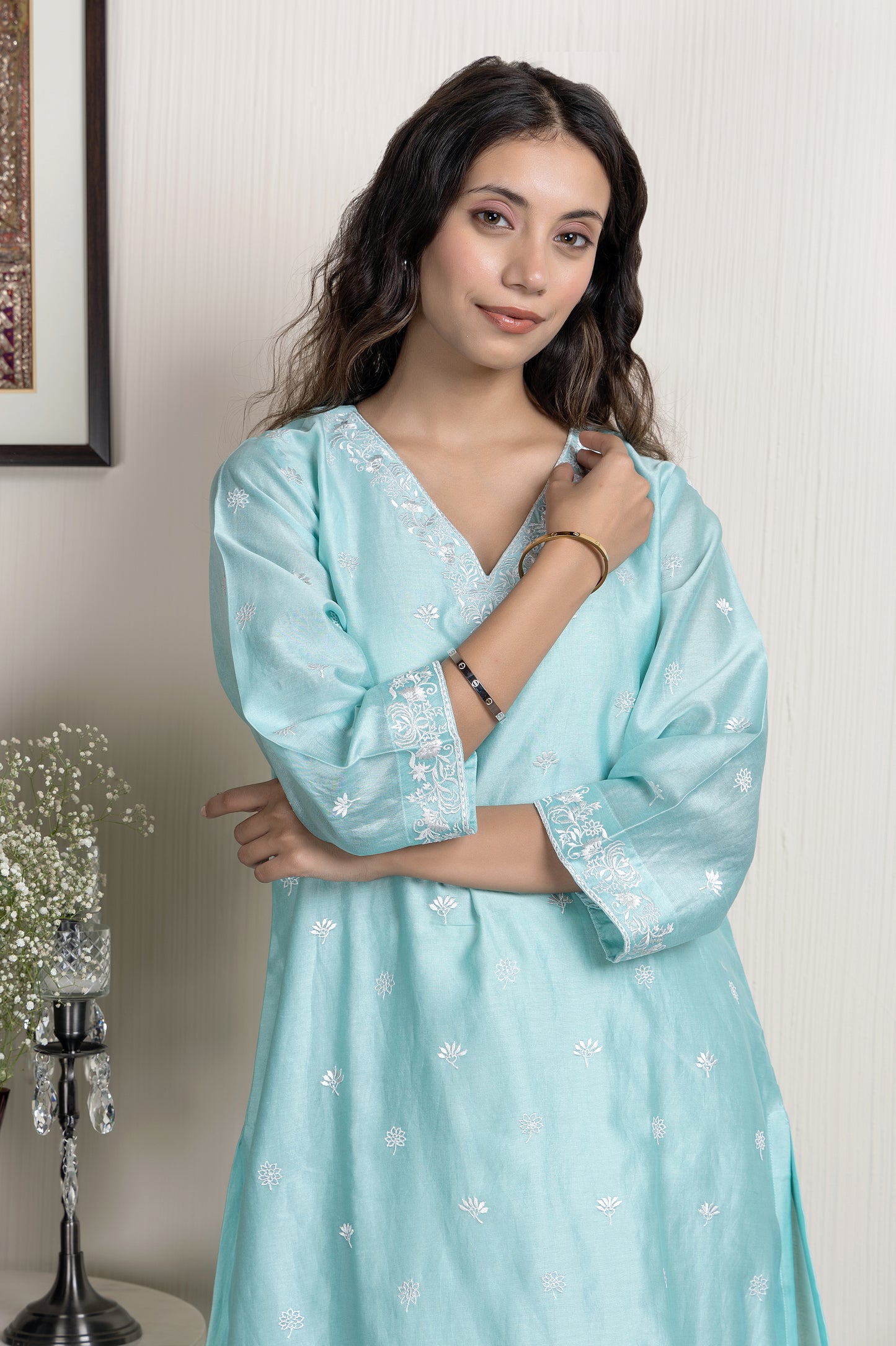 Sea Green embroidered Chanderi kurta paired with chanderi pants and dupatta