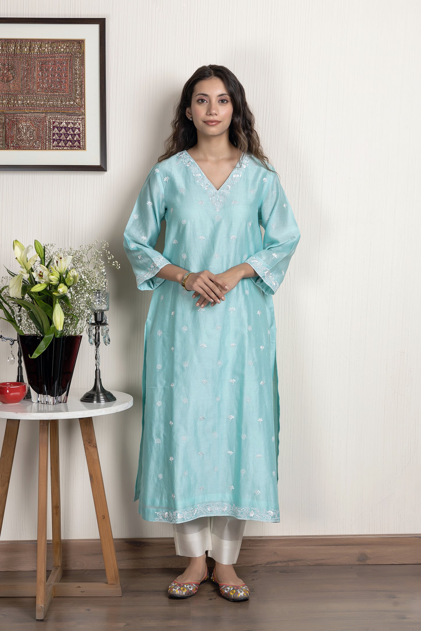 Sea Green embroidered Chanderi kurta paired with chanderi pants and dupatta