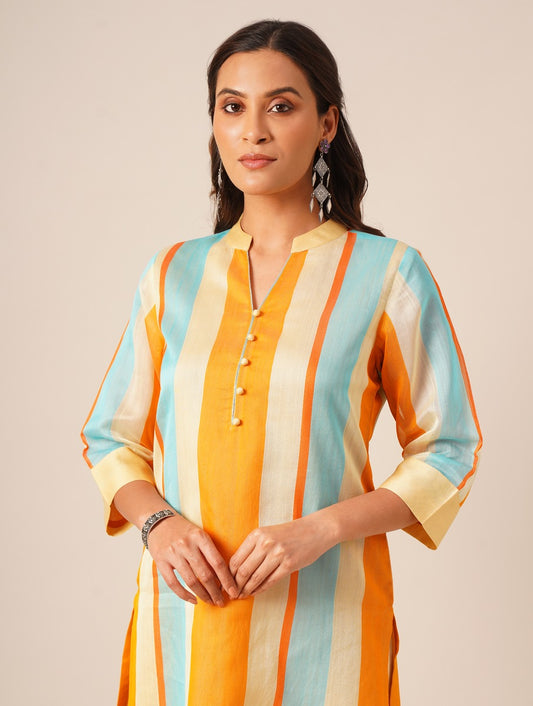 Multi coloured handwoven chanderi stripes kurta paired with cotton pants