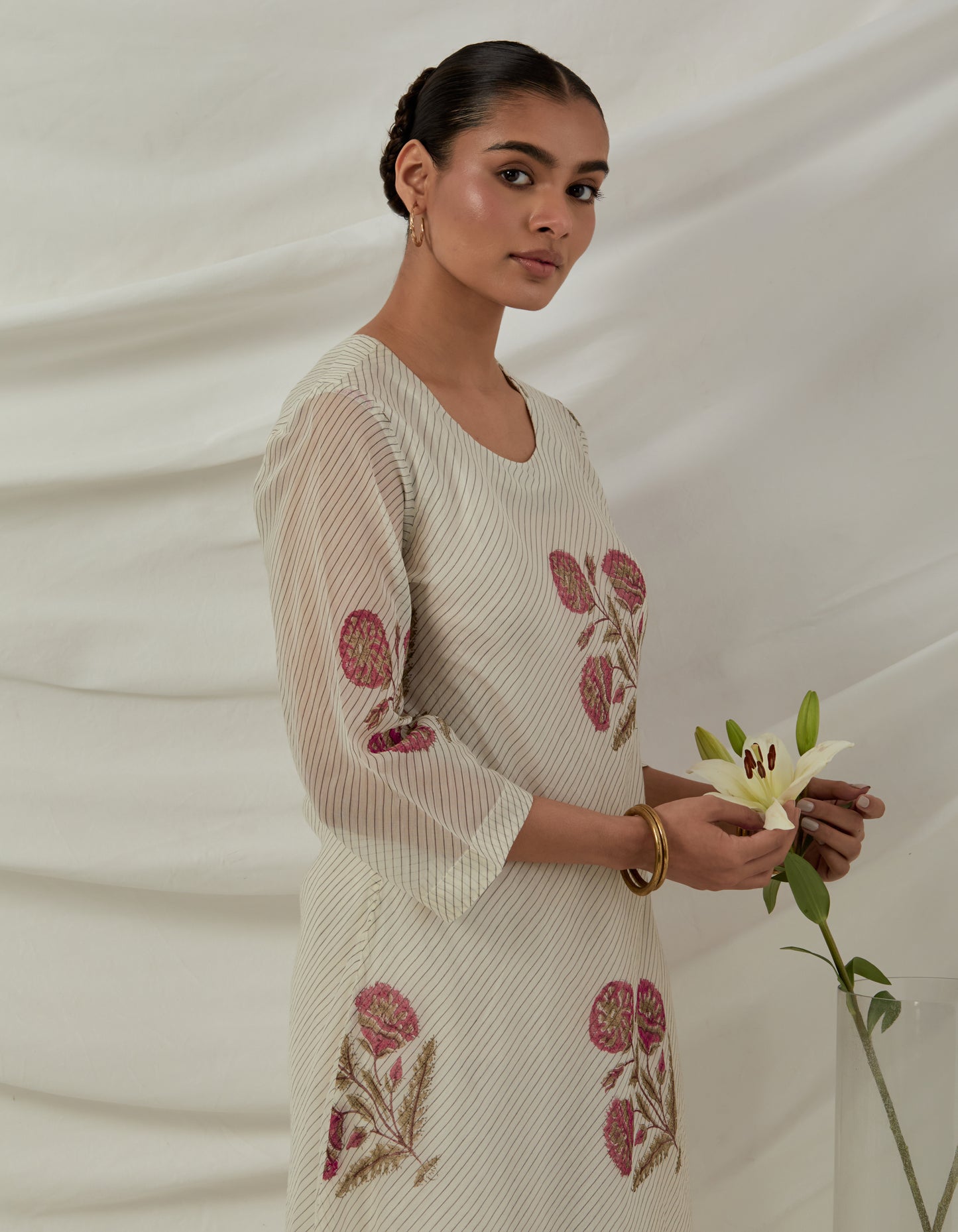 Hand woven Chanderi stripes printed kurta Ivory and pants