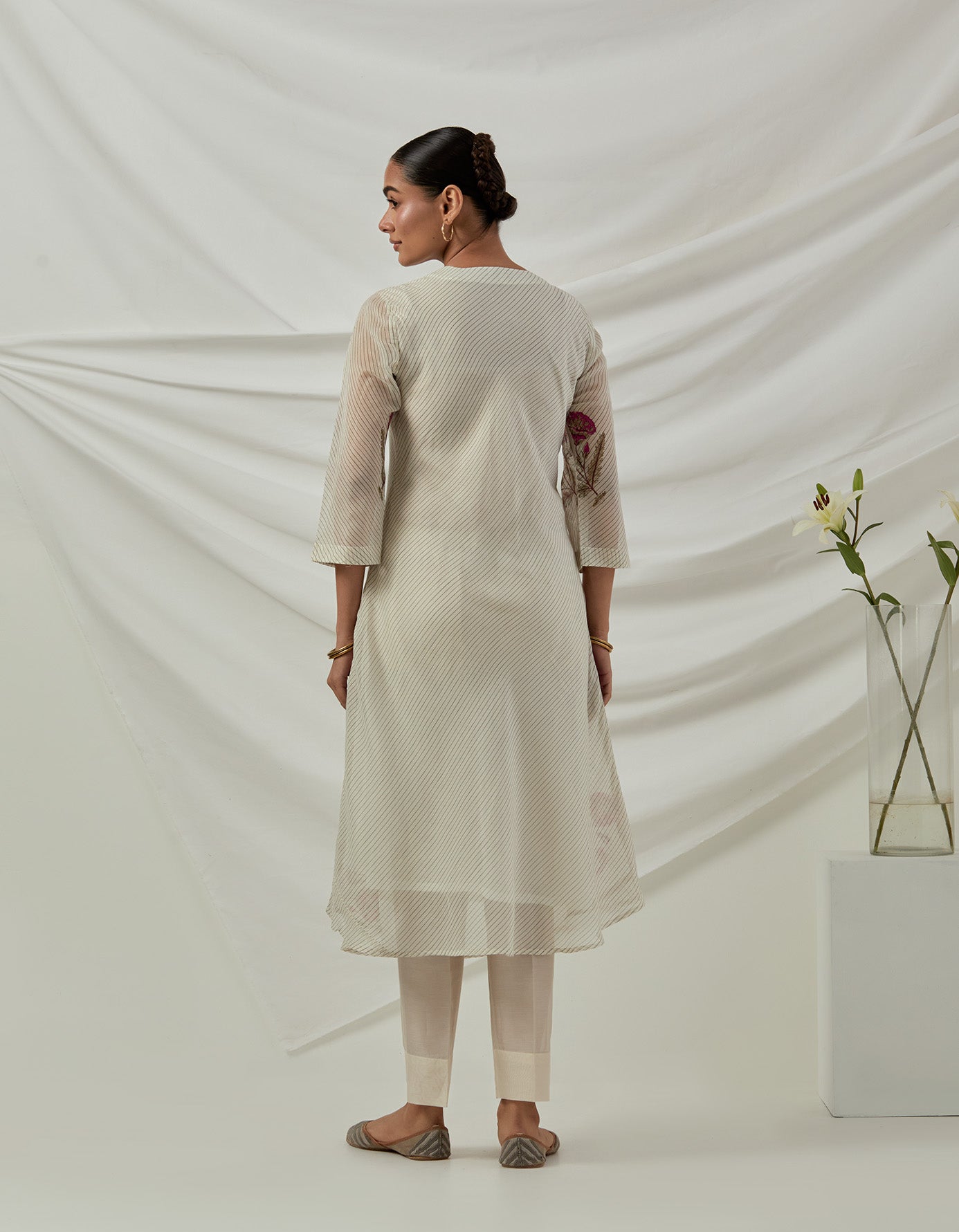 Hand woven Chanderi stripes printed kurta Ivory and pants