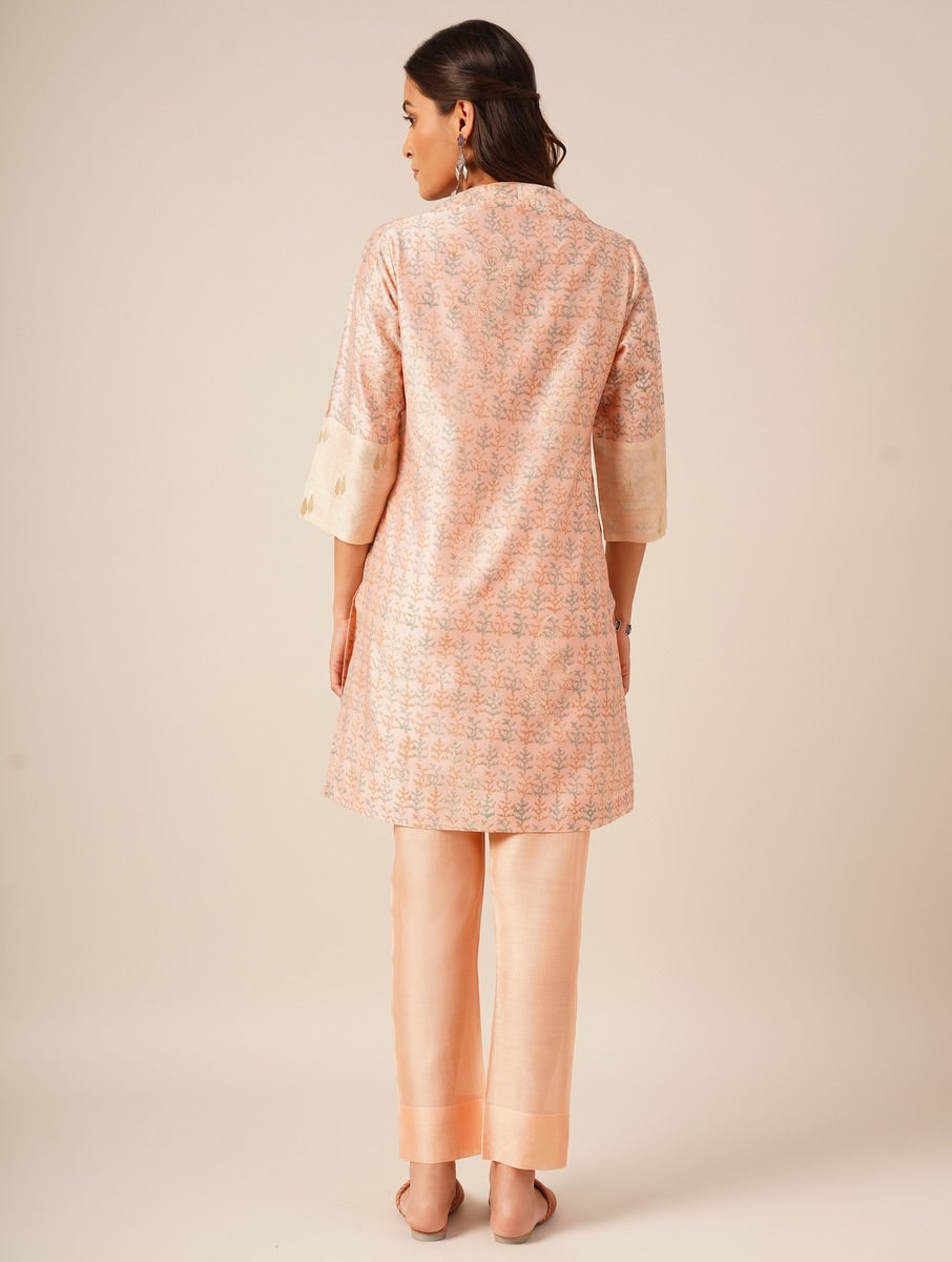 Pink chanderi handblock printed kurta with chanderi pants