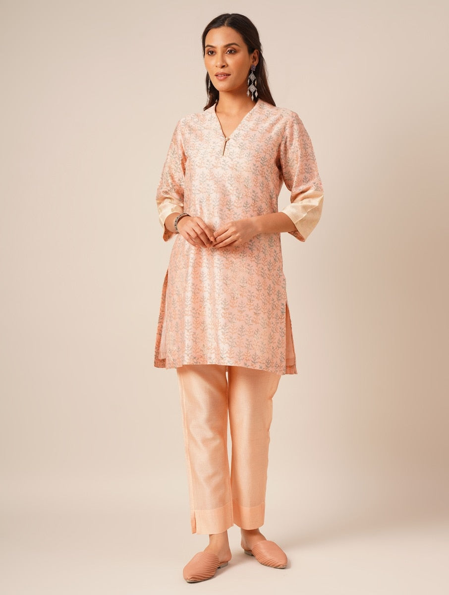 Pink chanderi handblock printed kurta with chanderi pants