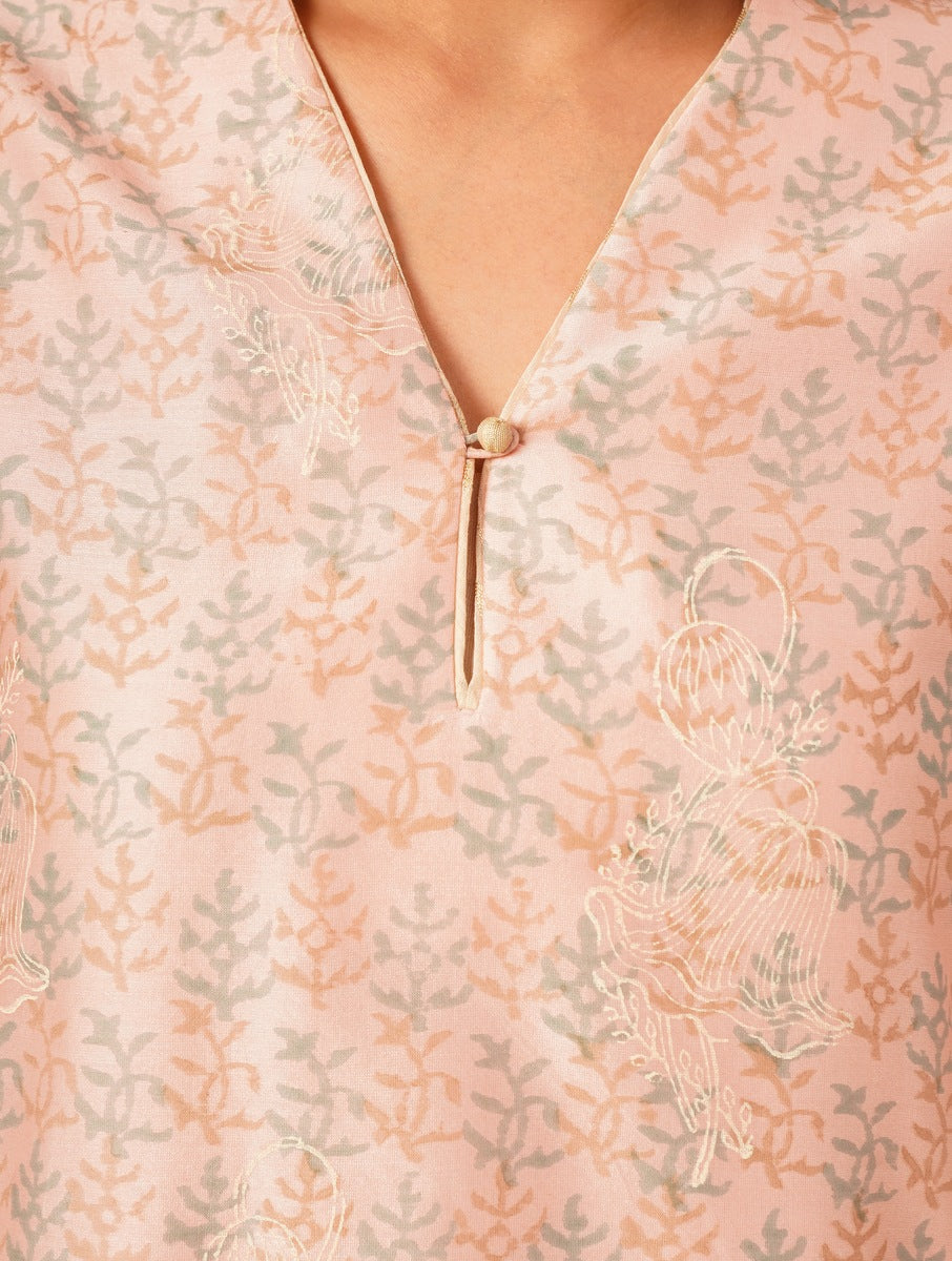 Pink chanderi handblock printed kurta with chanderi pants