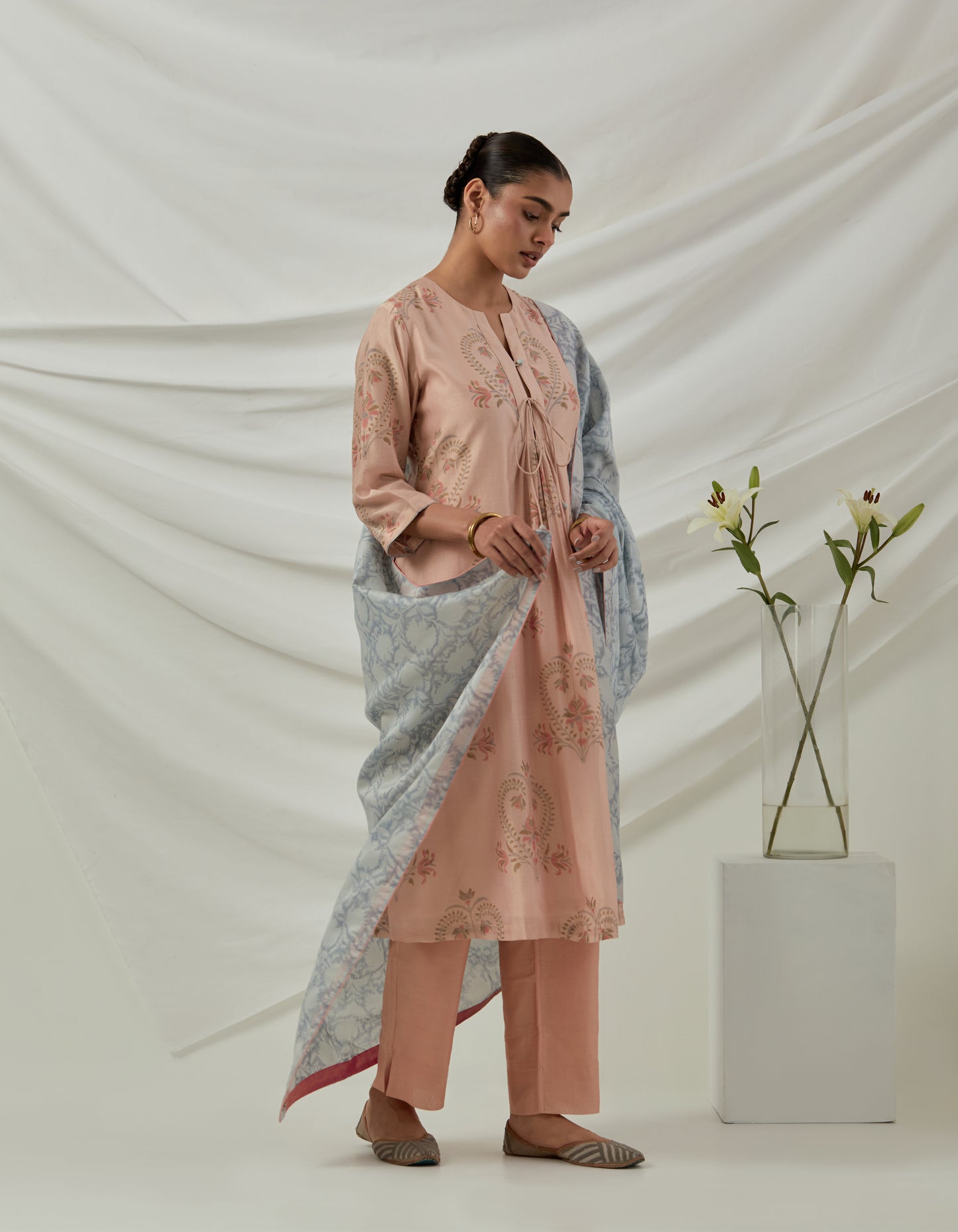 Hand block printed Chanderi Kurta/dress paired with chanderi pants