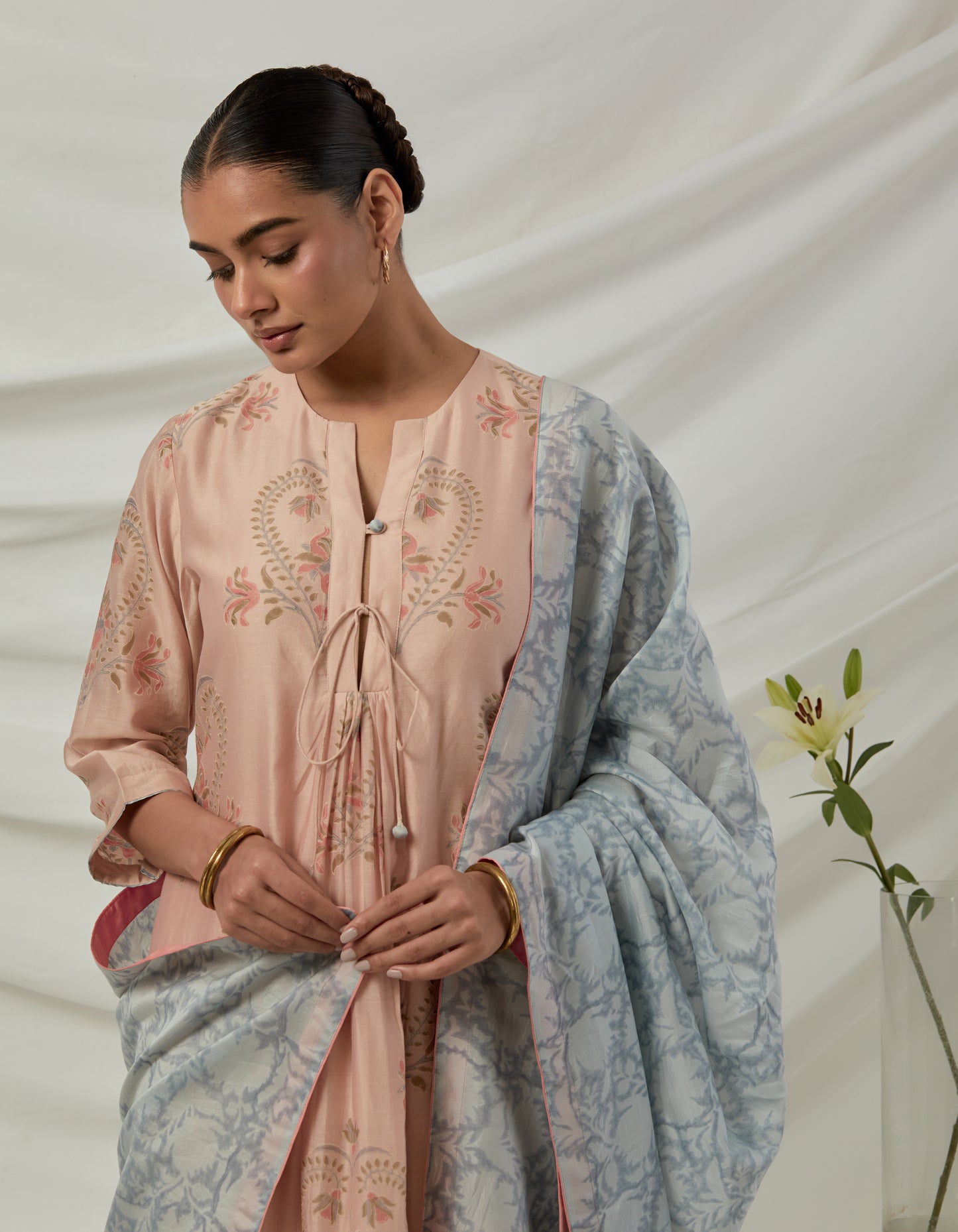 Hand block printed Chanderi Kurta/dress paired with chanderi pants