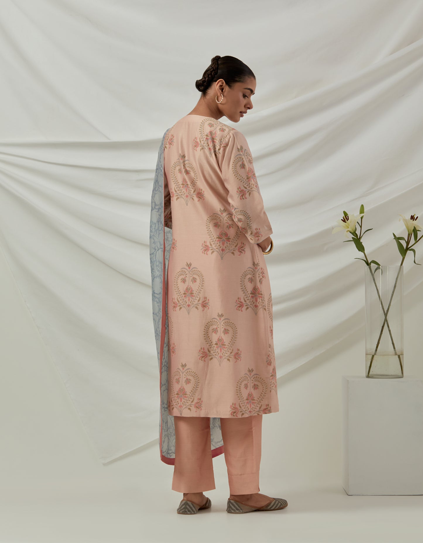 Hand block printed Chanderi Kurta/dress paired with chanderi pants