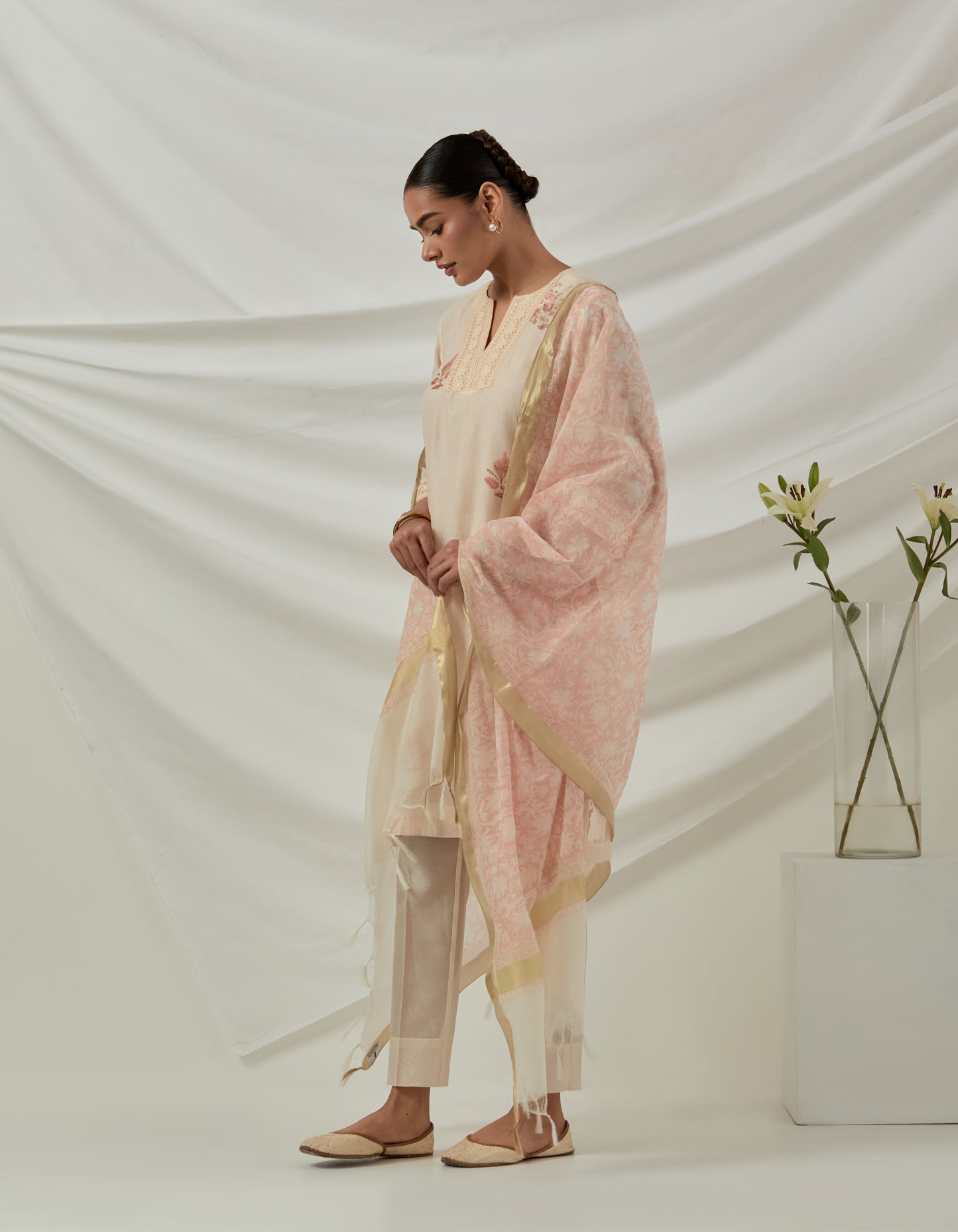 Hand woven Chanderi stripes printed kurta