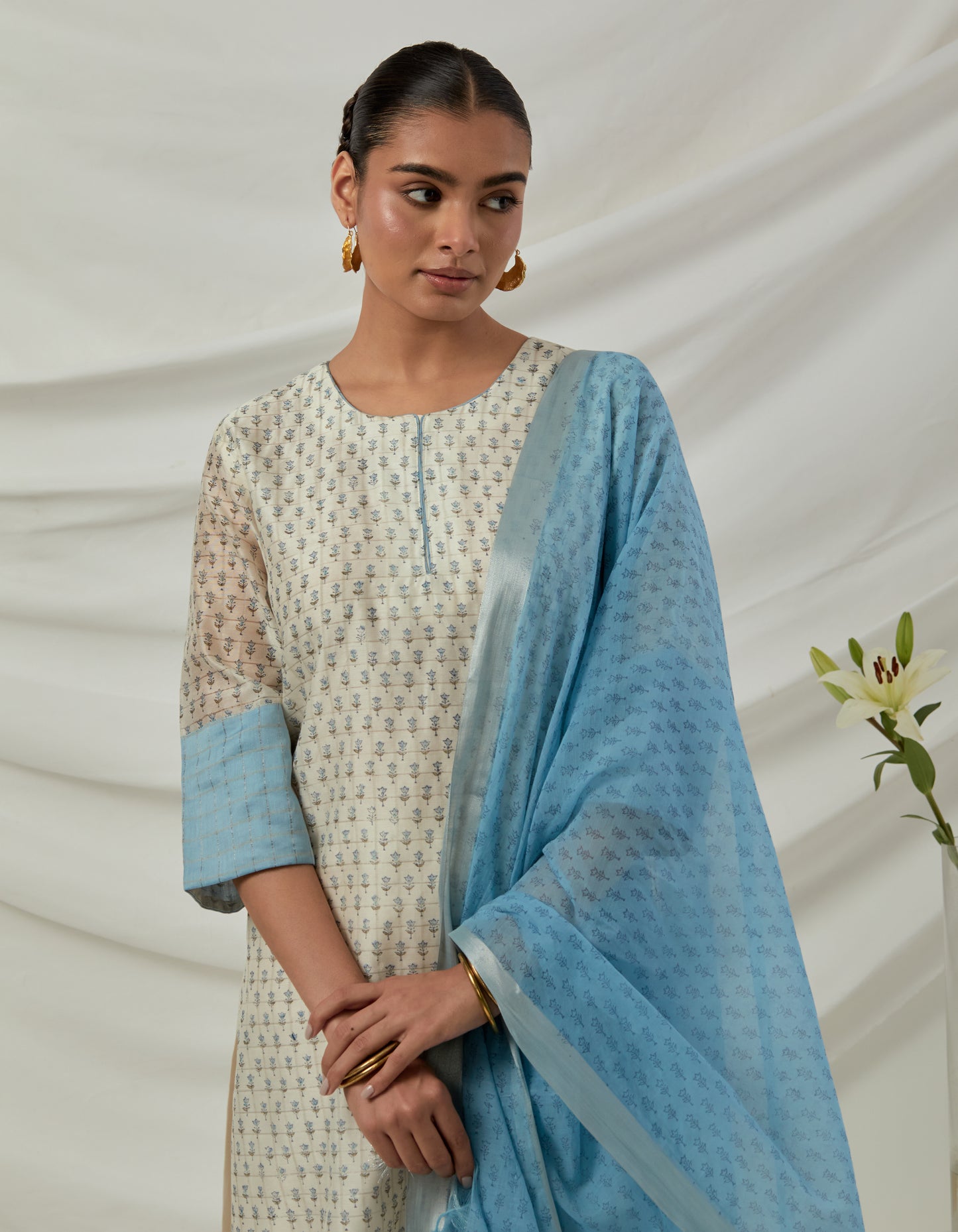 Off white Chanderi checks block printed kurta