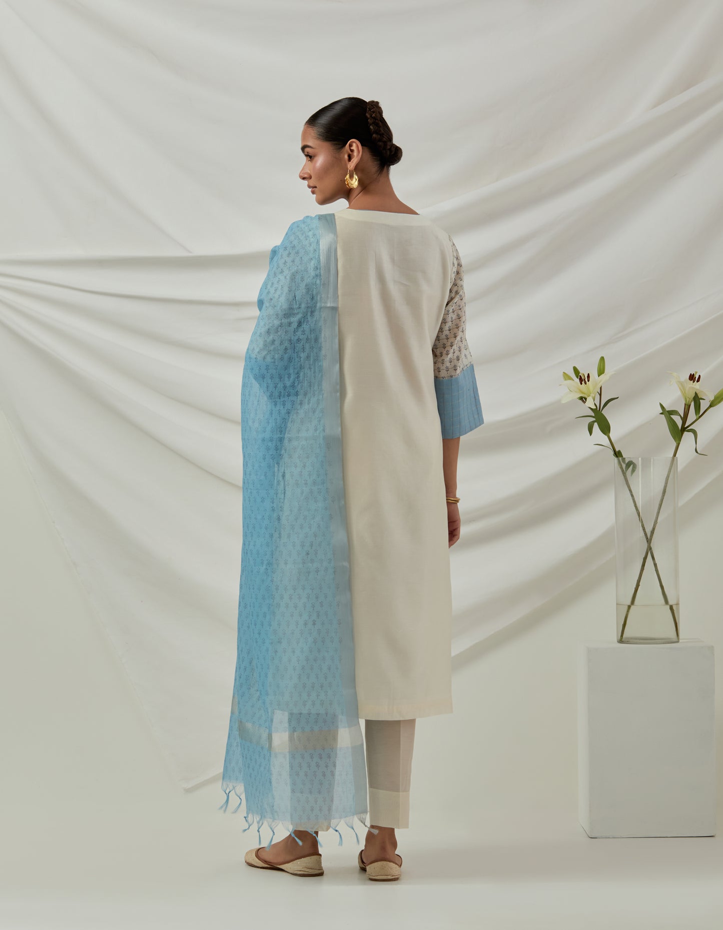 Off white Chanderi checks block printed kurta