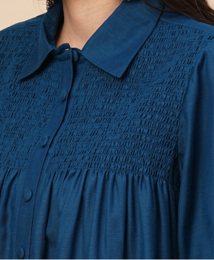 Teal Smocked Yoke A-Line Shirt & Trousers Fusion Co-Ords