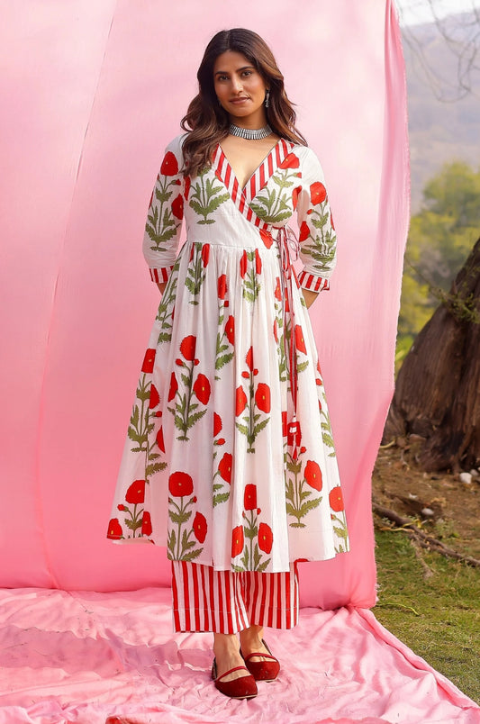 Phagun Red Poppy Angrakha Kurta Pant Set