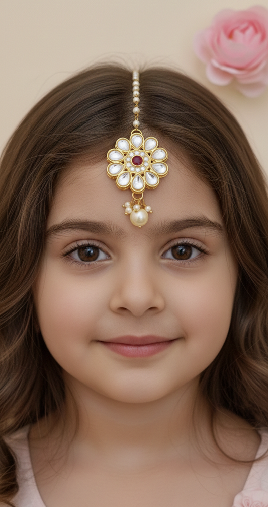 young girl wearing kundan maang tikka for wedding functions