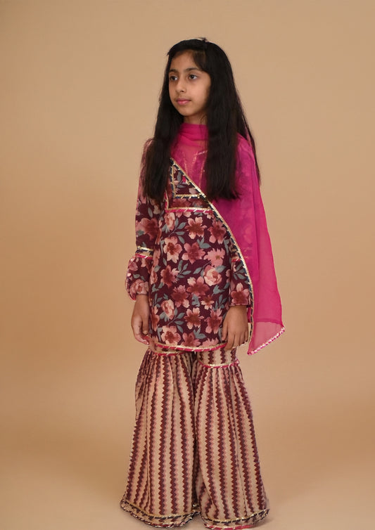 Girls wine floral sharara set