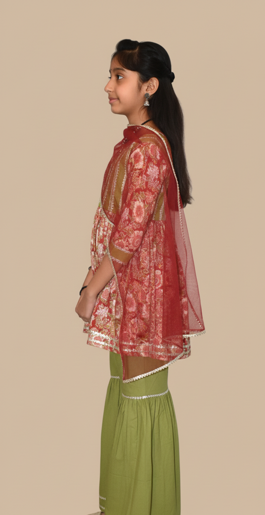 Girls floral red and green sharara set
