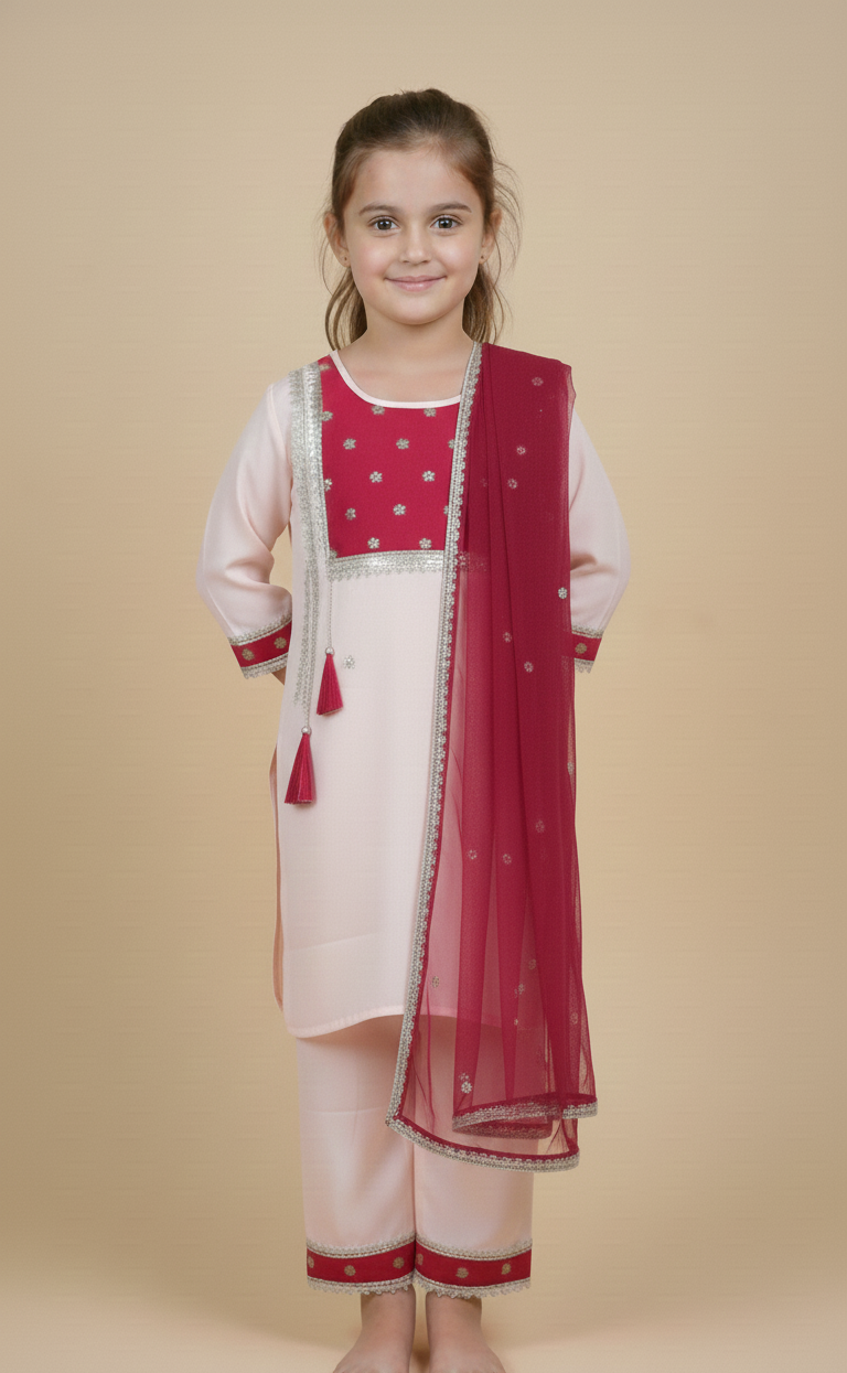 Pink kurta payjama with maroon dupatta set of 3