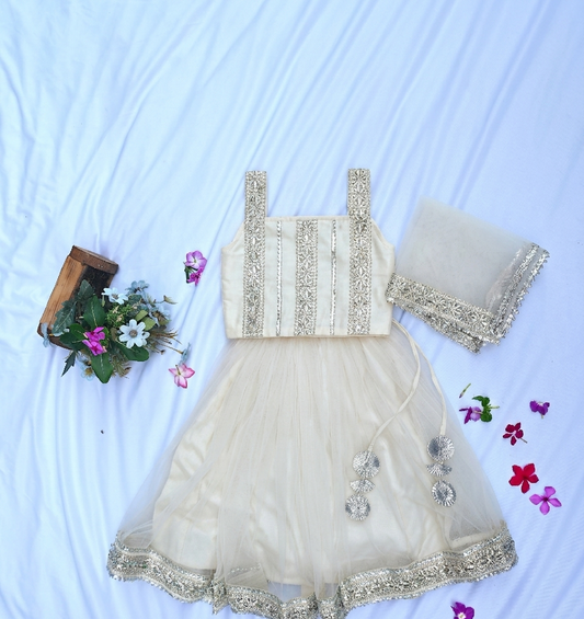 White Net Lehenga Set for girls - Set of 3