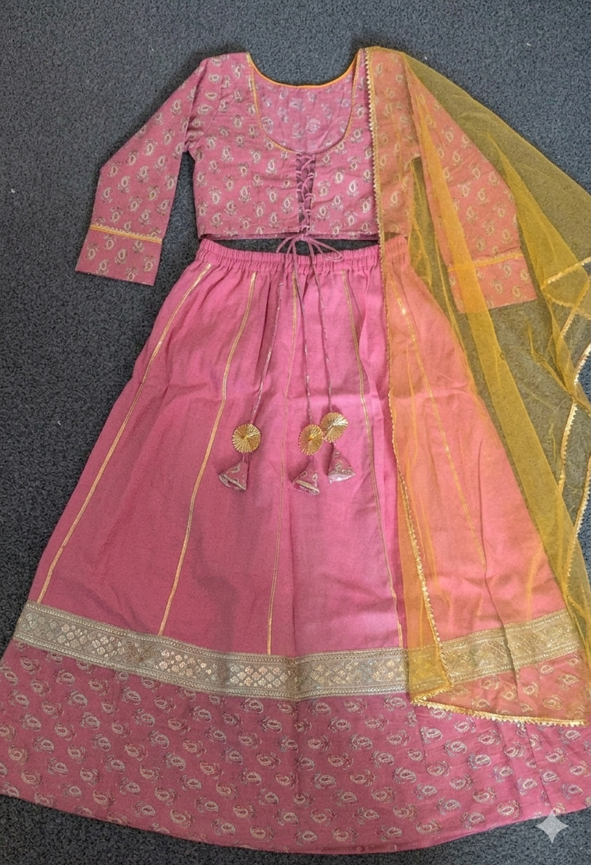 Pink cotton printed lehenga with net dupatta - Set of 3