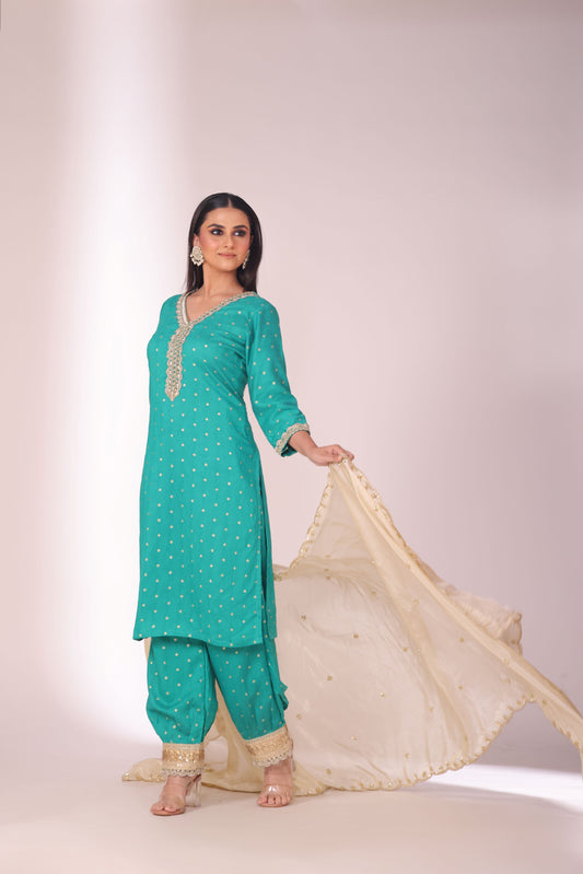 Mastani Turquoise Chanderi Kurta and Afghani Pant with dupatta- set of 3