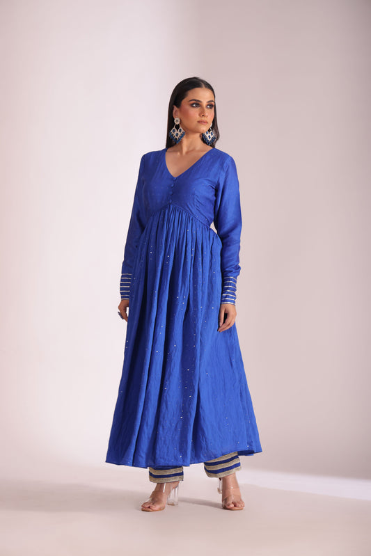 Mastani Blue Chanderi Anarkali and Pant with dupatta- set of 3