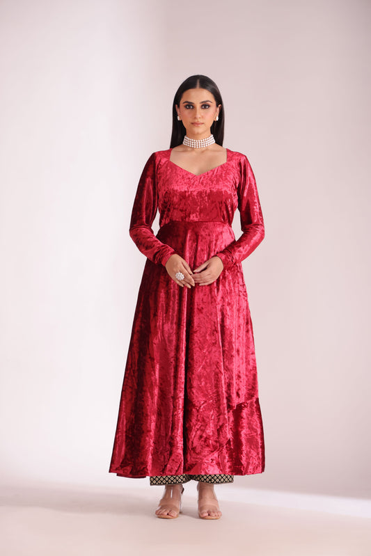 Noor-E-Zar Red Velvet Anarkali with Velvet Palazzo and Shawl - Set of 3