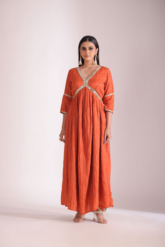 Mastani Rust Orange Chanderi Anarkali and Pant with dupatta- set of 3