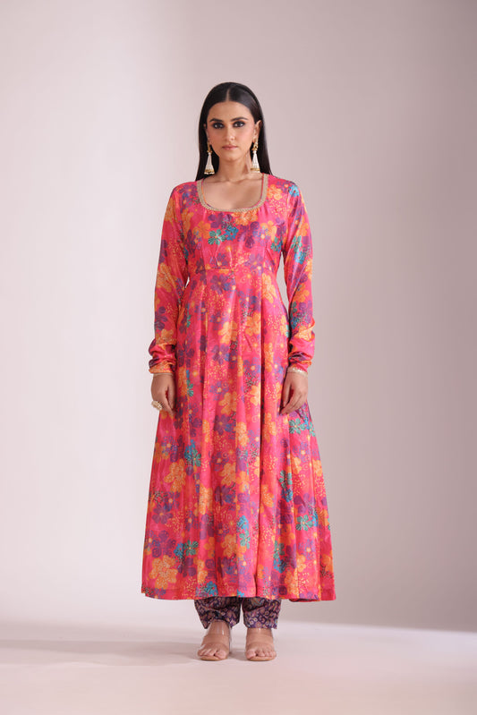 Gulzar Pink Floral printed Anarkali with pant and dupatta- set of 3