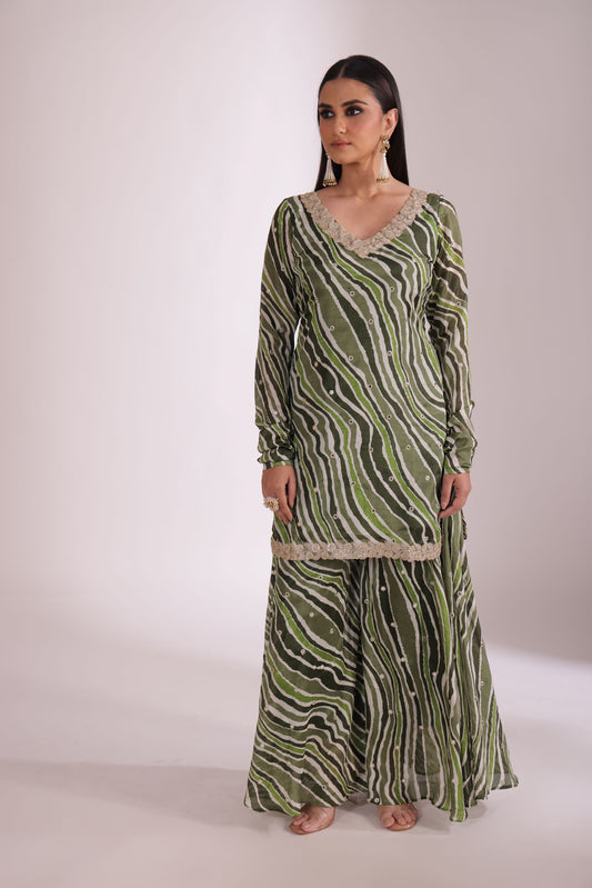 Gulzar Green printed Kurta with Sharara and dupatta- set of 3