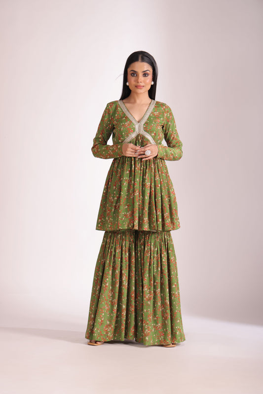 Gulzar Green printed Peplum with Gharara and dupatta- set of 3