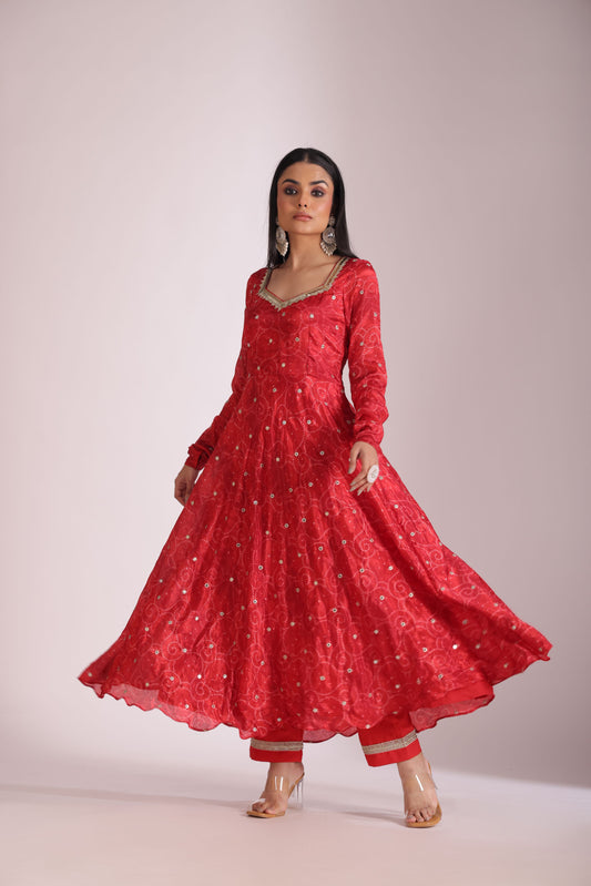 Gulzar Red printed Anarkali with Pant and dupatta- set of 3