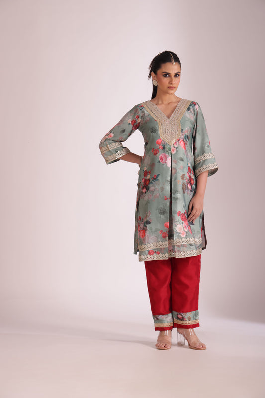Gulzar Green printed Kurta with Pant and Dupatta- set of 3