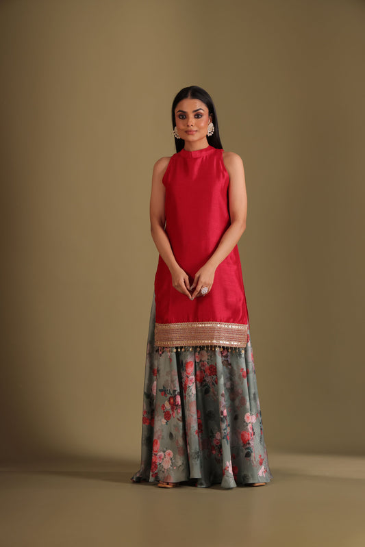 Gulzar Red-Green printed Kurta with Sharara and dupatta- set of 3