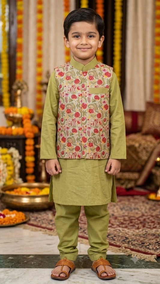 A young boy wearing a traditional Indian outfit consisting of an olive green kurta and trousers with a red and beige floral embroidered vest, standing in a decorated indoor setting.