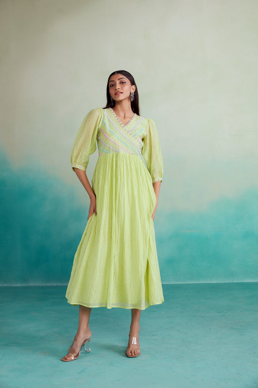 Vivid dress - Lime Hand embroidered gathered Dress