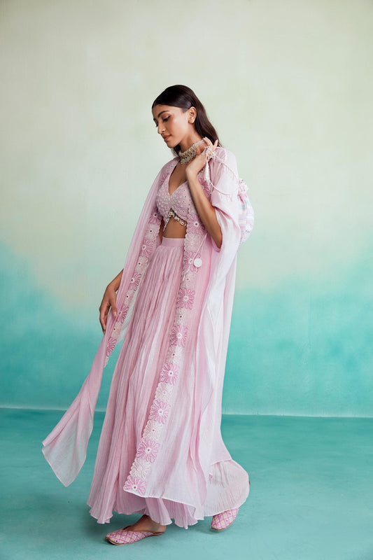 Fleuris jacket set - Orchid Pink Hand embroidered Jacket Crop-top & Sharara set