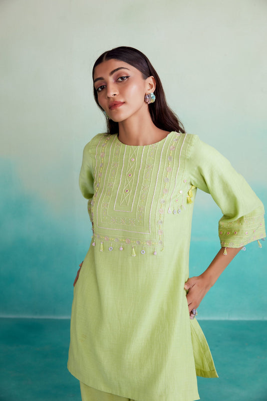Citrina kurta set - Lime Hand embroidered Kurta Pants set