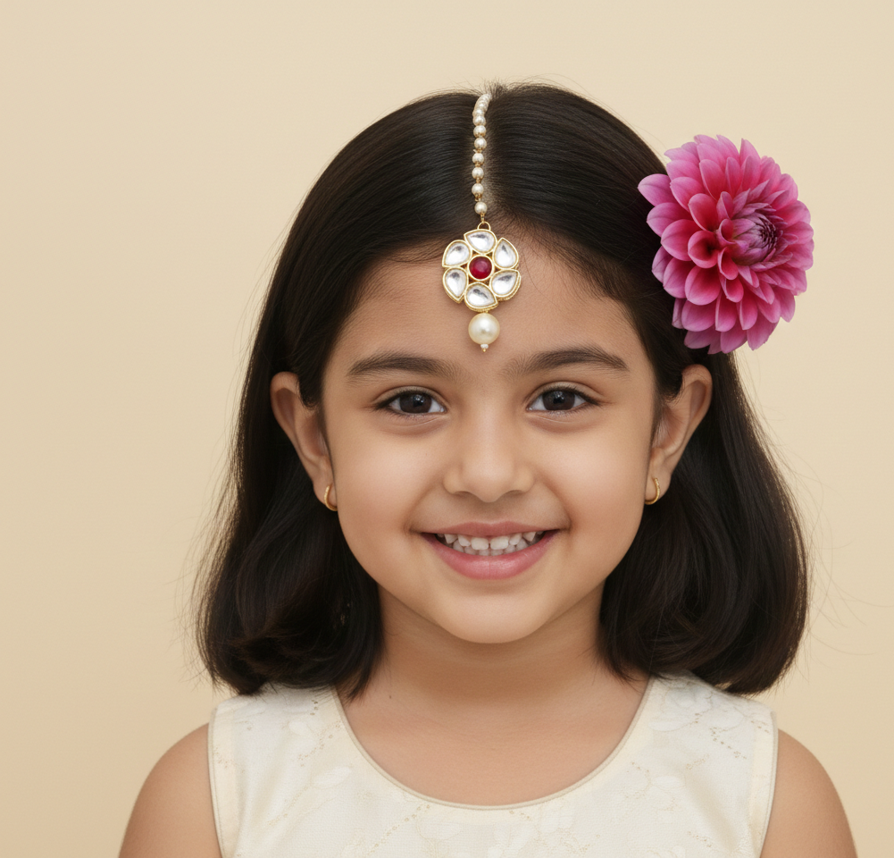 Little girl wearing floral tikka for festivites
