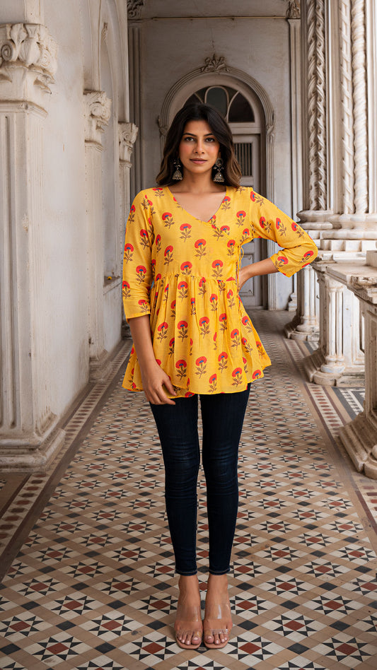 LAVANYA WRAP TOP IN SOFT SILK - MANGO YELLOW