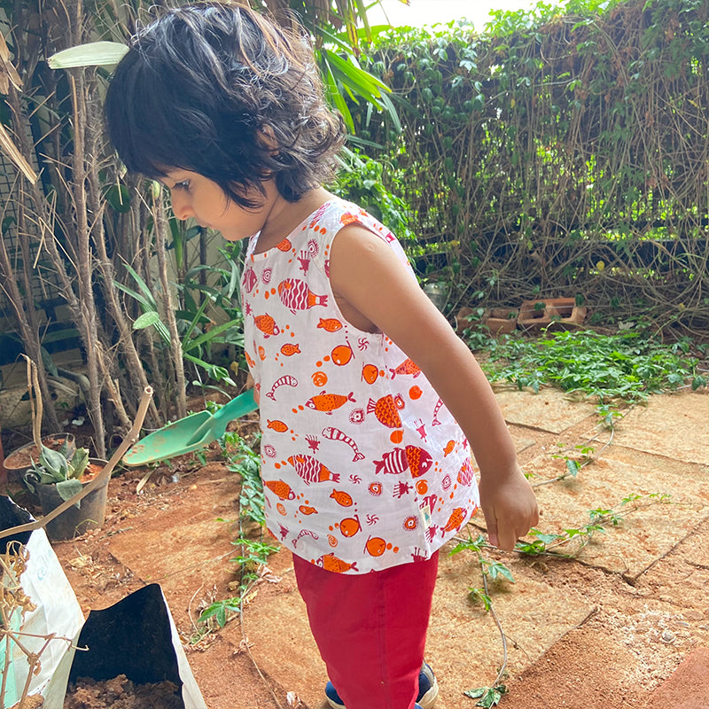 Organic Cotton Koi Jhabla Pajamaj Bag - Koi Red Jhabla + Peach Jhabla With Red Pants