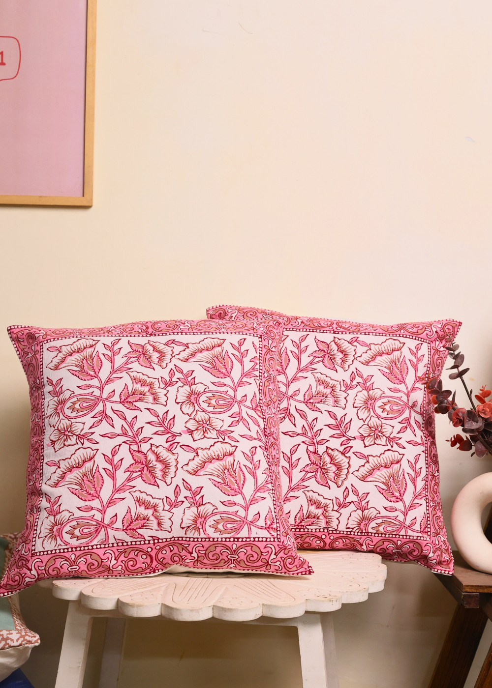Pink Amaryllis Block Printed Cushion Cover - set of 2