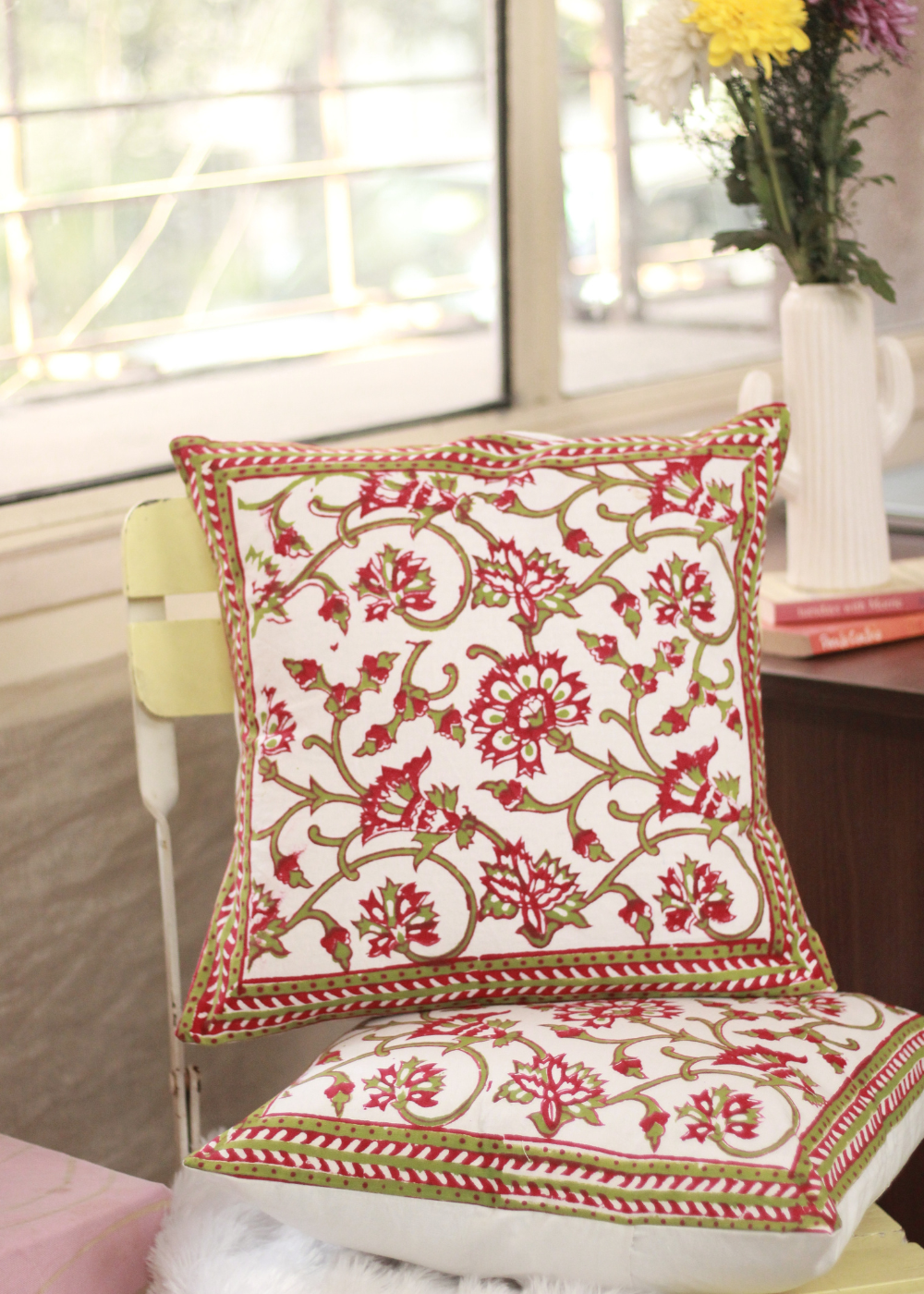 Red And Green Floral Cushion Cover