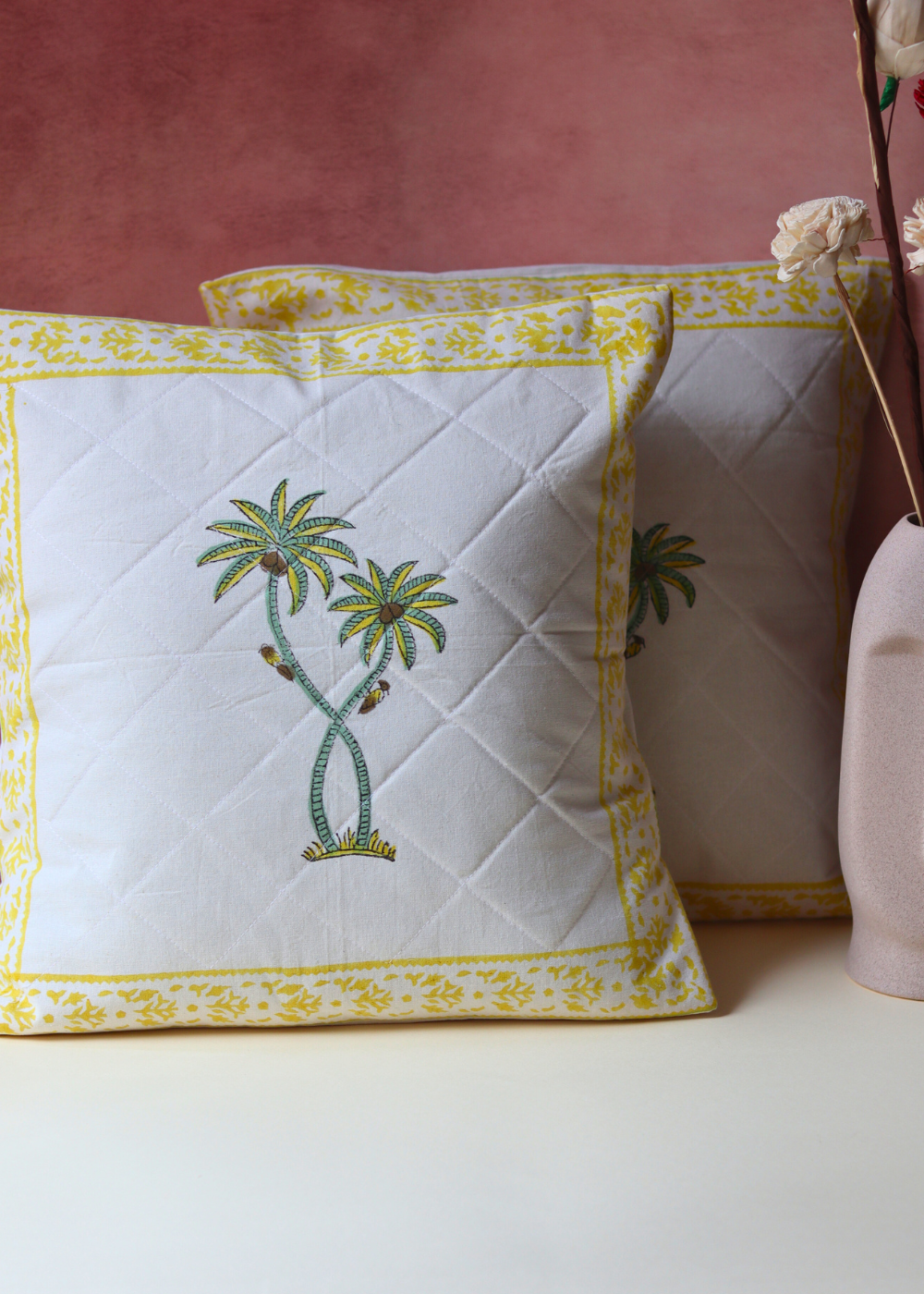 Yellow Palm Cushion Cover - Quilted - set of 2