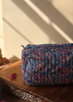 Load image into Gallery viewer, Block Printed Blue Floral Toiletry Bag - Medium

