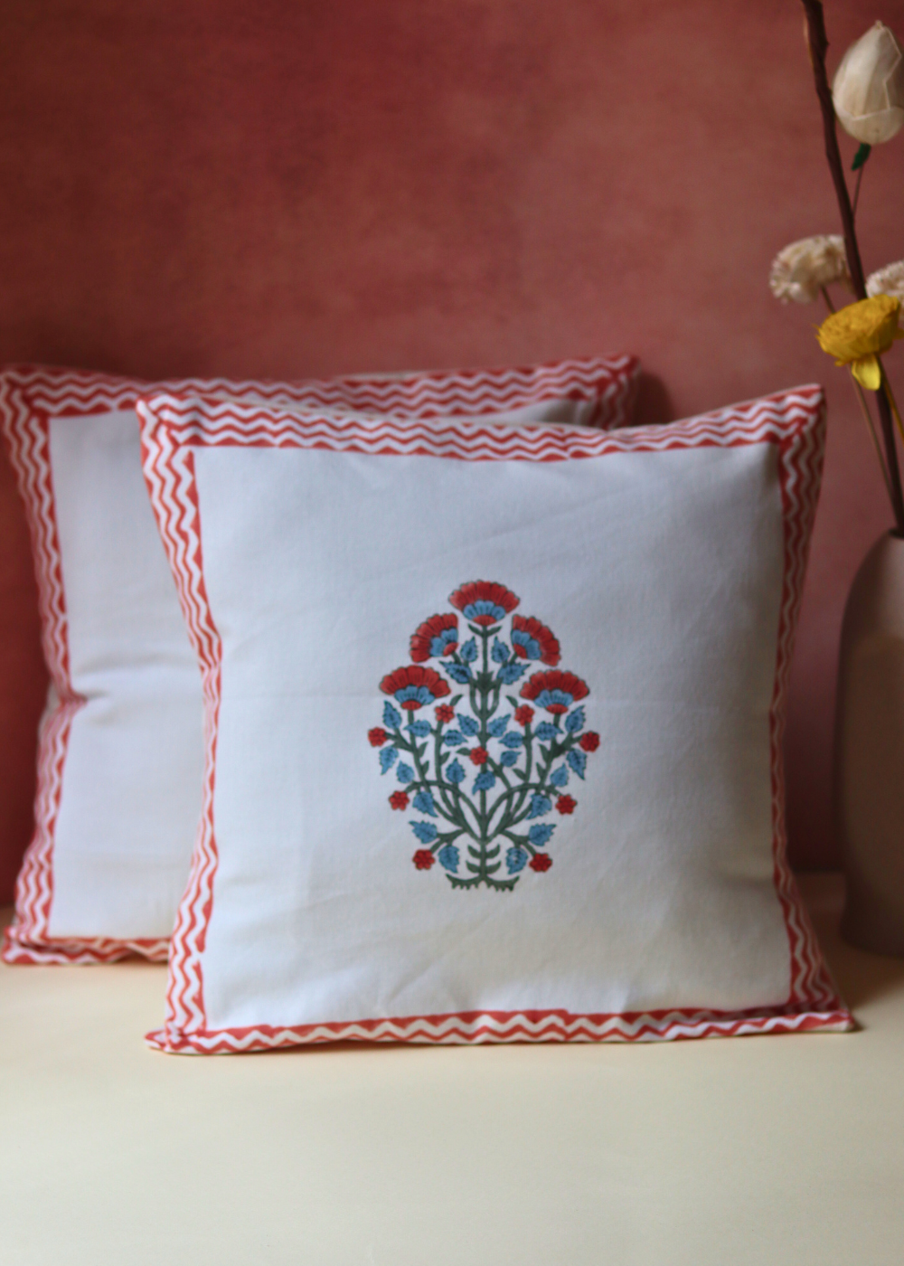 Pink Bloom Block Printed Cushion Cover - set of 2