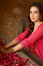 Load image into Gallery viewer, Hot Pink Lotus Embroidered Sharara with Jacket - Set of 3
