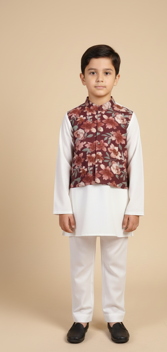 White Kurta Payjama with Floral Jacket