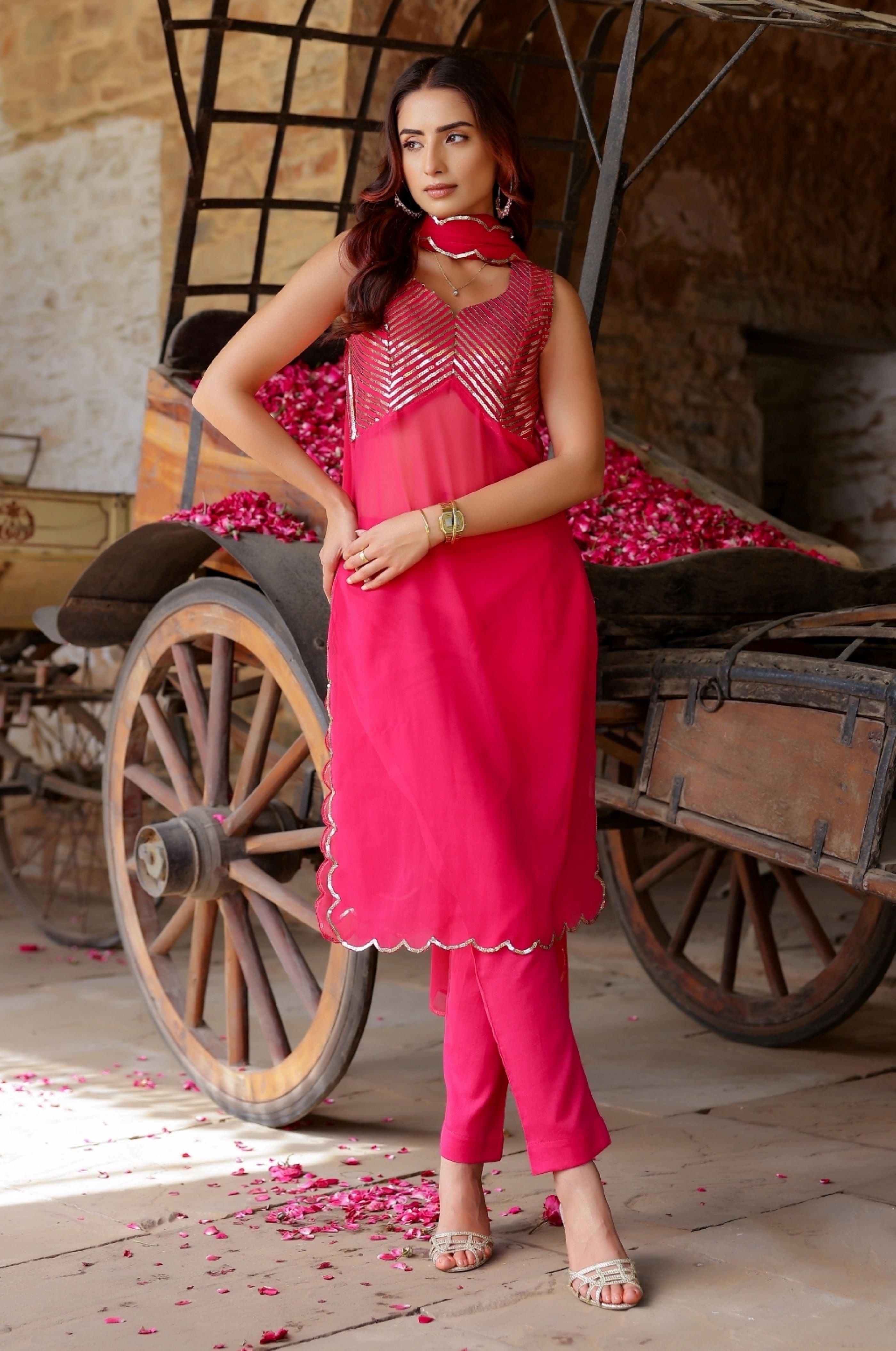 HotPink Sequin Georgette Kurta Set with Dupatta - Set of 3